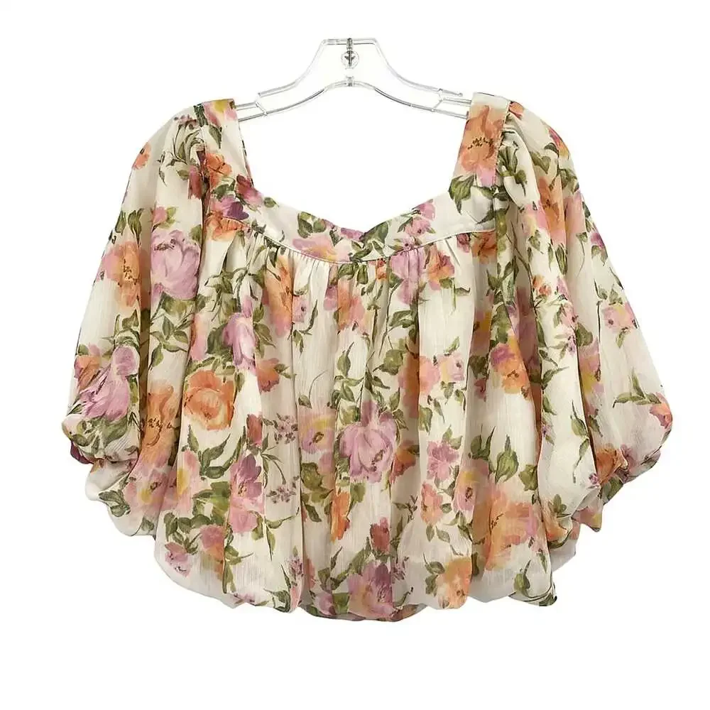 Anthropologie Cream Pink Floral Puff Sleeve Blouse | Women’s M